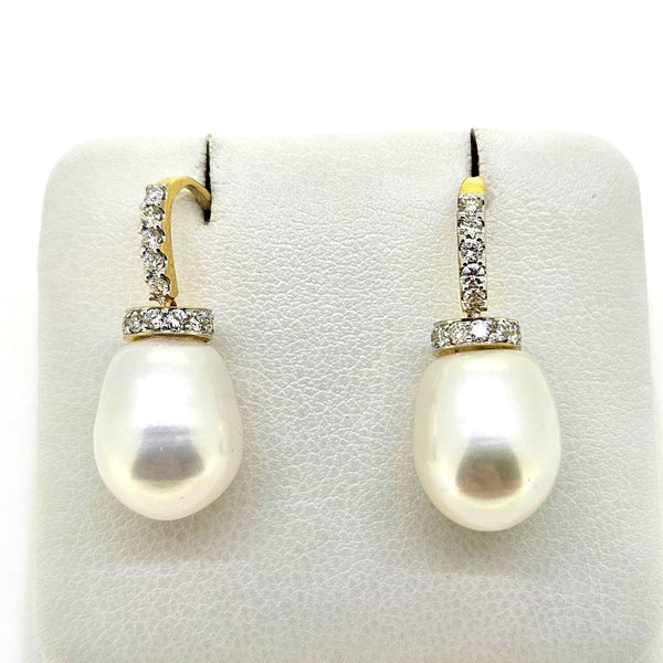Pearl and Diamond Shepherd Hook Drop Earrings Freshwater pearl and diamond drop earrings on shepherds hooks in 18ct yellow gold