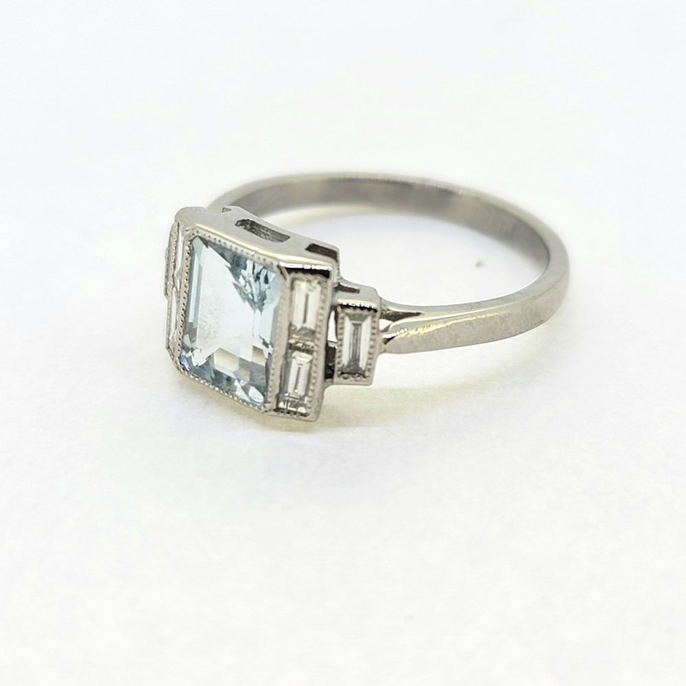1.20ct Square Aquamarine and Baguette Diamond Cluster Ring in Platinum