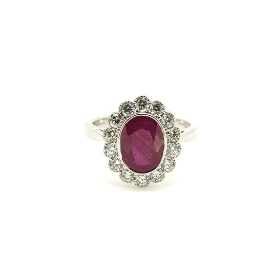 1.77ct Ruby and Diamond Oval Floral Cluster Ring in 18ct White Gold