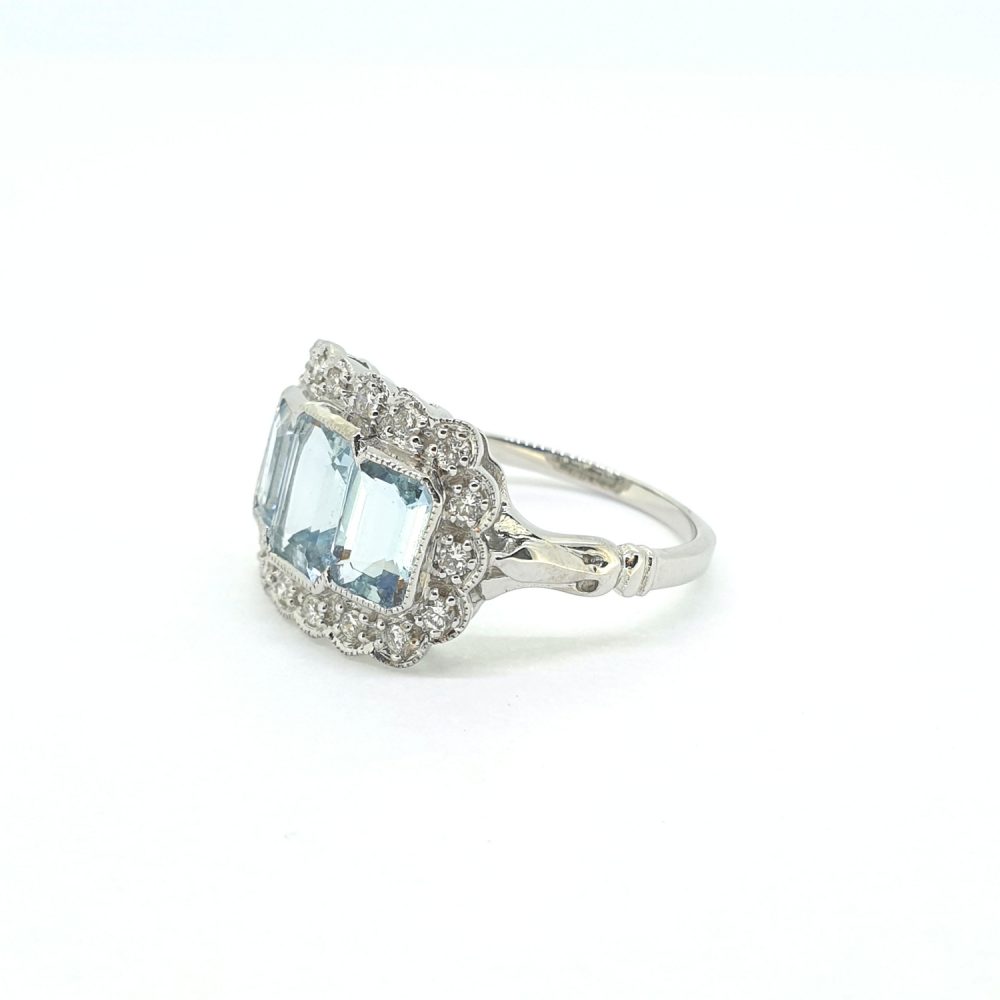 Art Deco Style Aquamarine and Diamond Cluster Dress Ring ion 18ct White Gold