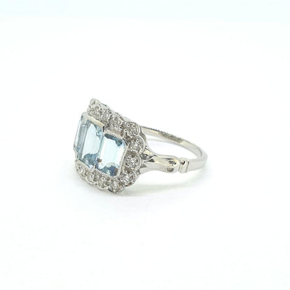 Art Deco Style Aquamarine and Diamond Cluster Dress Ring ion 18ct White Gold