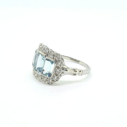 Art Deco Style Aquamarine and Diamond Cluster Dress Ring ion 18ct White Gold