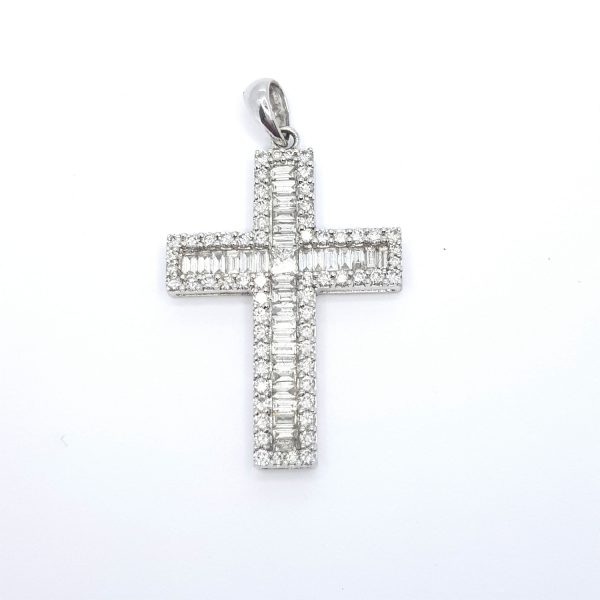 Baguette and Brilliant Cut Diamond Cross Pendant, 2.00 carat total, central cross of baguette-cut diamonds within a brilliant-cut diamond surround, in 18ct white gold