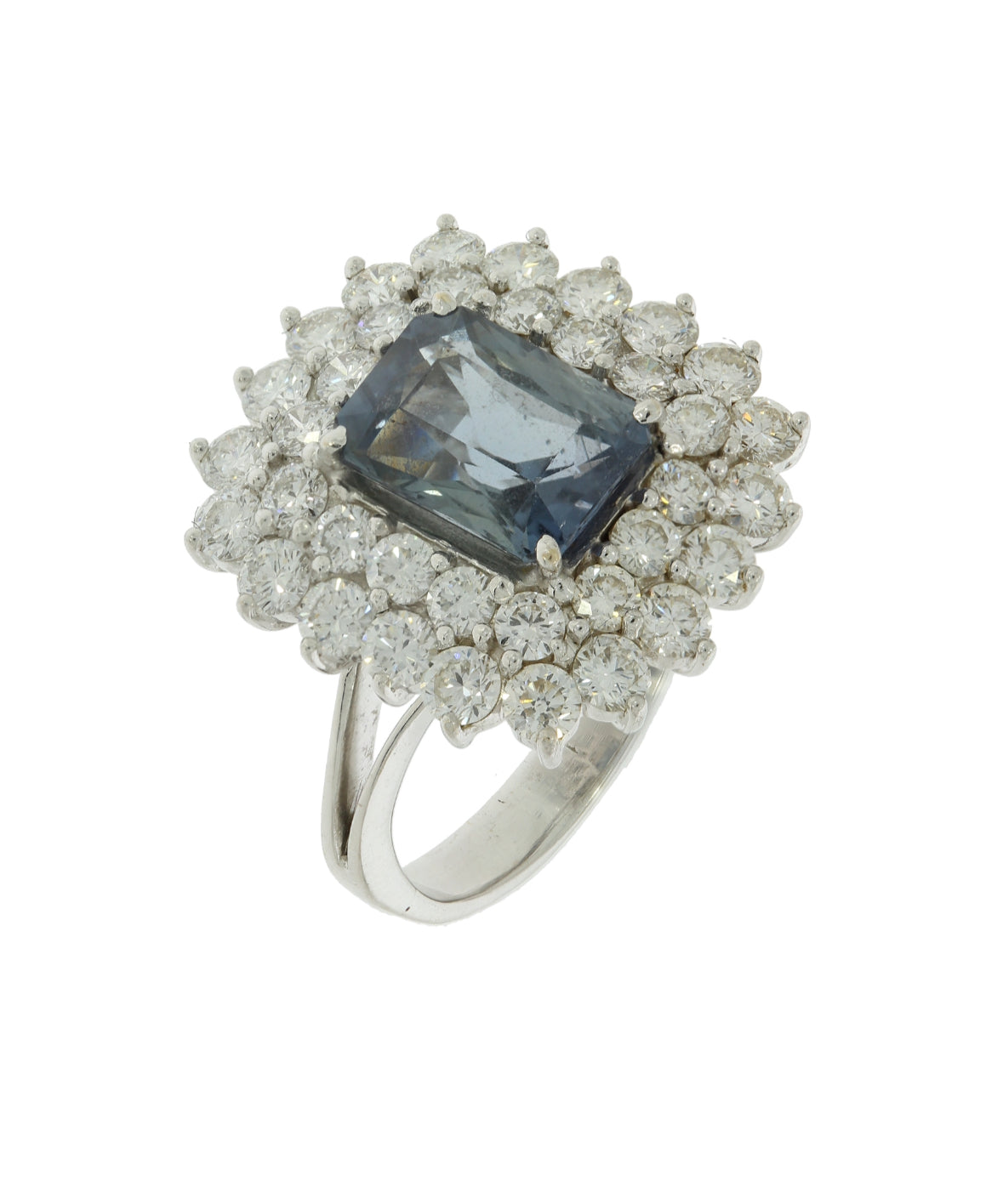 3.70ct Octagonal Natural No Heat Sapphire and Diamond Double Cluster Ring