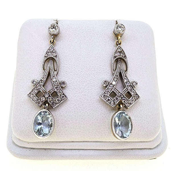 Vintage Style 2.10ct Aquamarine and Diamond drop earrings 