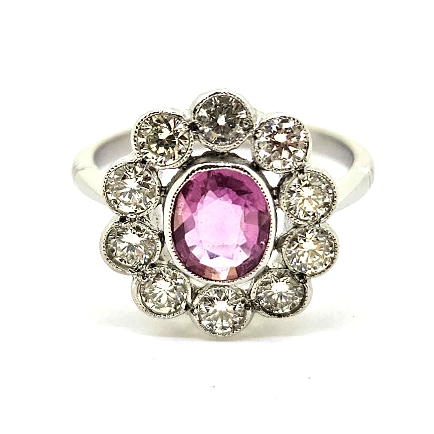1ct Pink Sapphire and Diamond Daisy Flower Cluster Engagement Ring in Platinum
