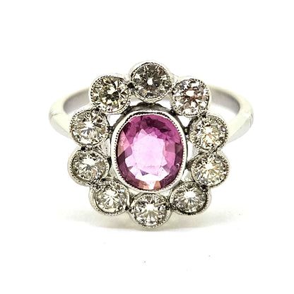 1ct Pink Sapphire and Diamond Daisy Flower Cluster Engagement Ring in Platinum