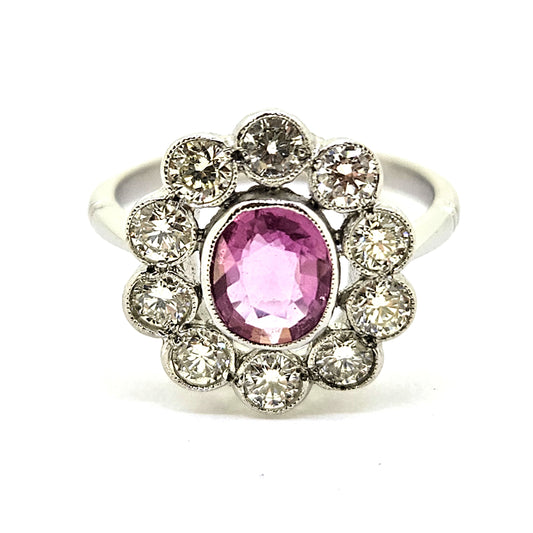1ct Pink Sapphire and Diamond Daisy Flower Cluster Engagement Ring in Platinum