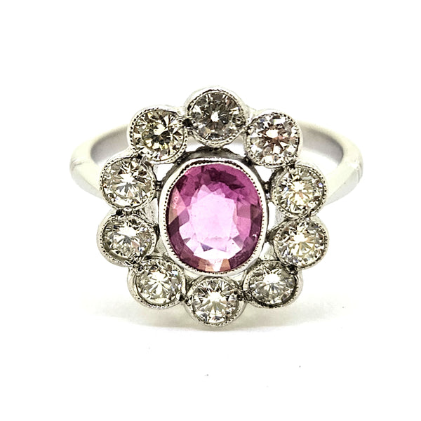 1ct Pink Sapphire and Diamond Daisy Flower Cluster Engagement Ring in Platinum