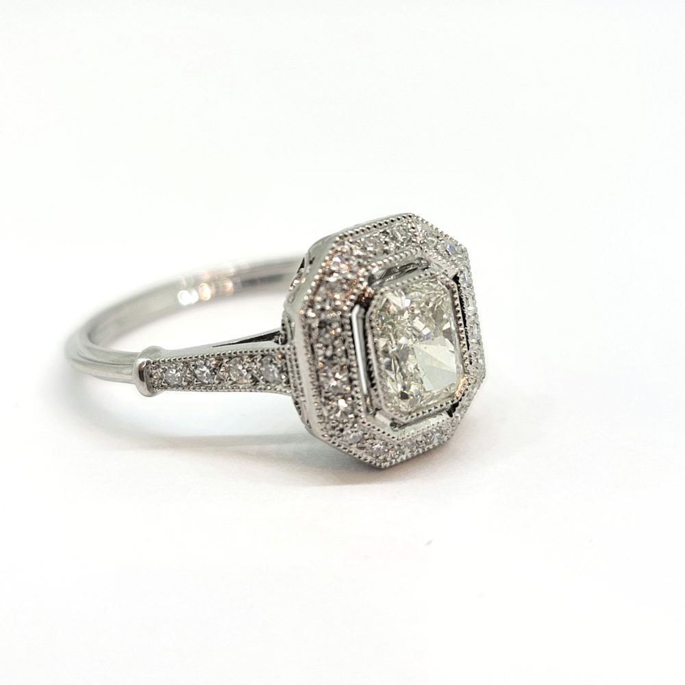 0.85ct Emerald Cut Diamond Halo Cluster Engagement Ring in Platinum