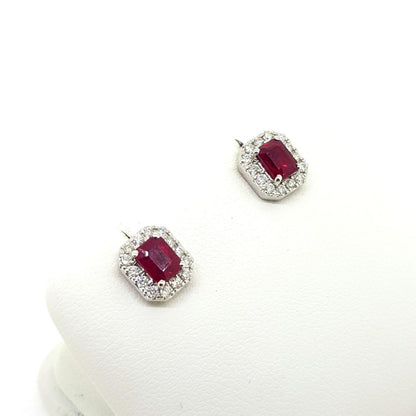 1.03ct Emerald Cut Ruby and Diamond Cluster Stud Earrings