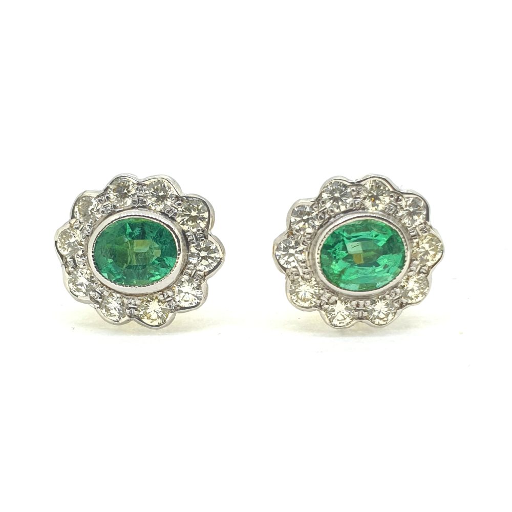 Emerald and Diamond Oval Cluster Earrings