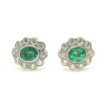Emerald and Diamond Oval Cluster Earrings