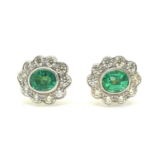 Emerald and Diamond Oval Cluster Earrings