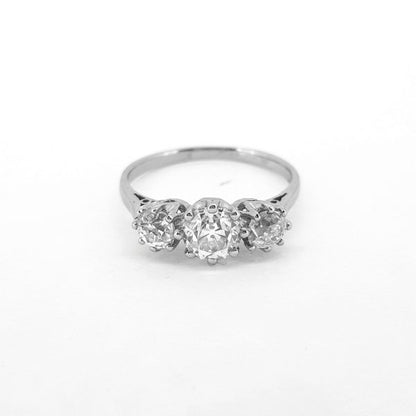 Vintage Old Cut Diamond Three Stone Ring in Platinum, 1.37 carats