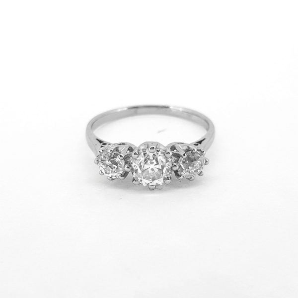 Vintage Old Cut Diamond Three Stone Ring in Platinum, 1.37 carats