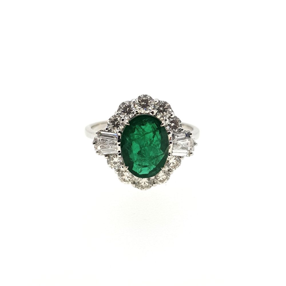 1.88ct Oval Cut Emerald and Diamond Cluster Ring