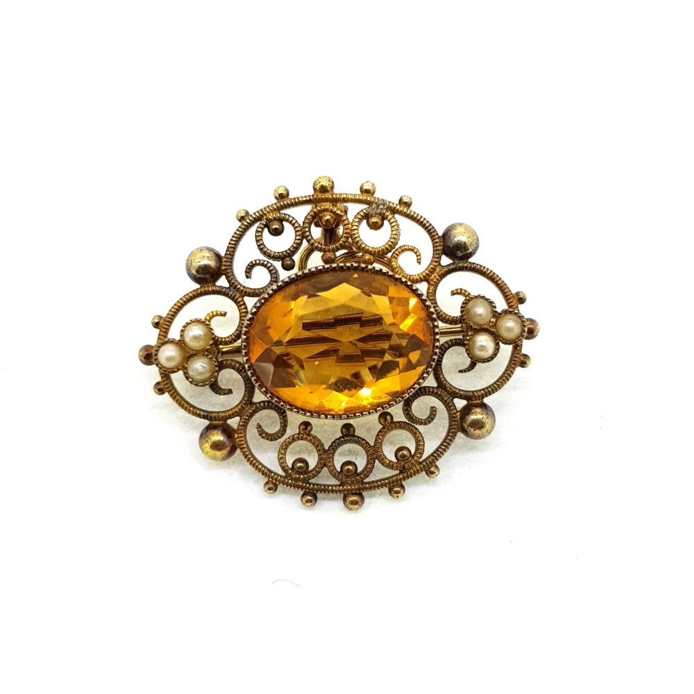 Vintage Citrine and Pearl Set Gold Brooch Pendant
