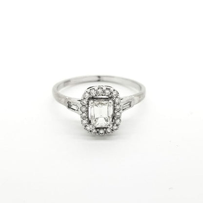 0.52ct Emerald Cut Diamond Halo Cluster Ring with baguette shoulders in 18ct white gold