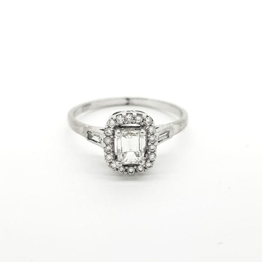 0.52ct Emerald Cut Diamond Halo Cluster Ring with baguette shoulders in 18ct white gold