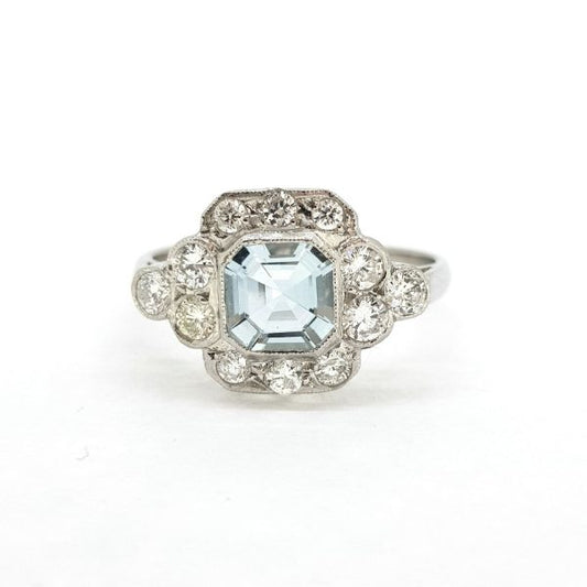 0.80ct Aquamarine and Diamond Cluster Ring in Platinum