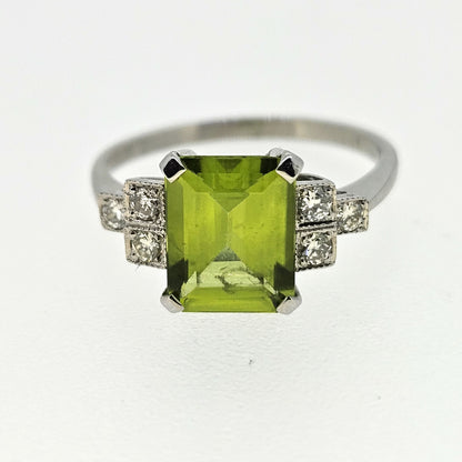 Art Deco Style Platinum Peridot 2.30 Carats and Diamond 0.12 Carat Ring