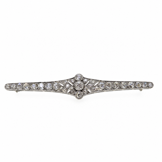 Edwardian Antique Old Cut Diamond Bar Brooch in 18ct Gold and Platinum