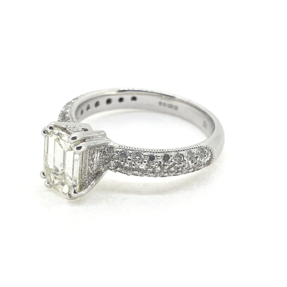 1ct Emerald Diamond Solitaire Engagement Ring with Pave Diamond Shoulders