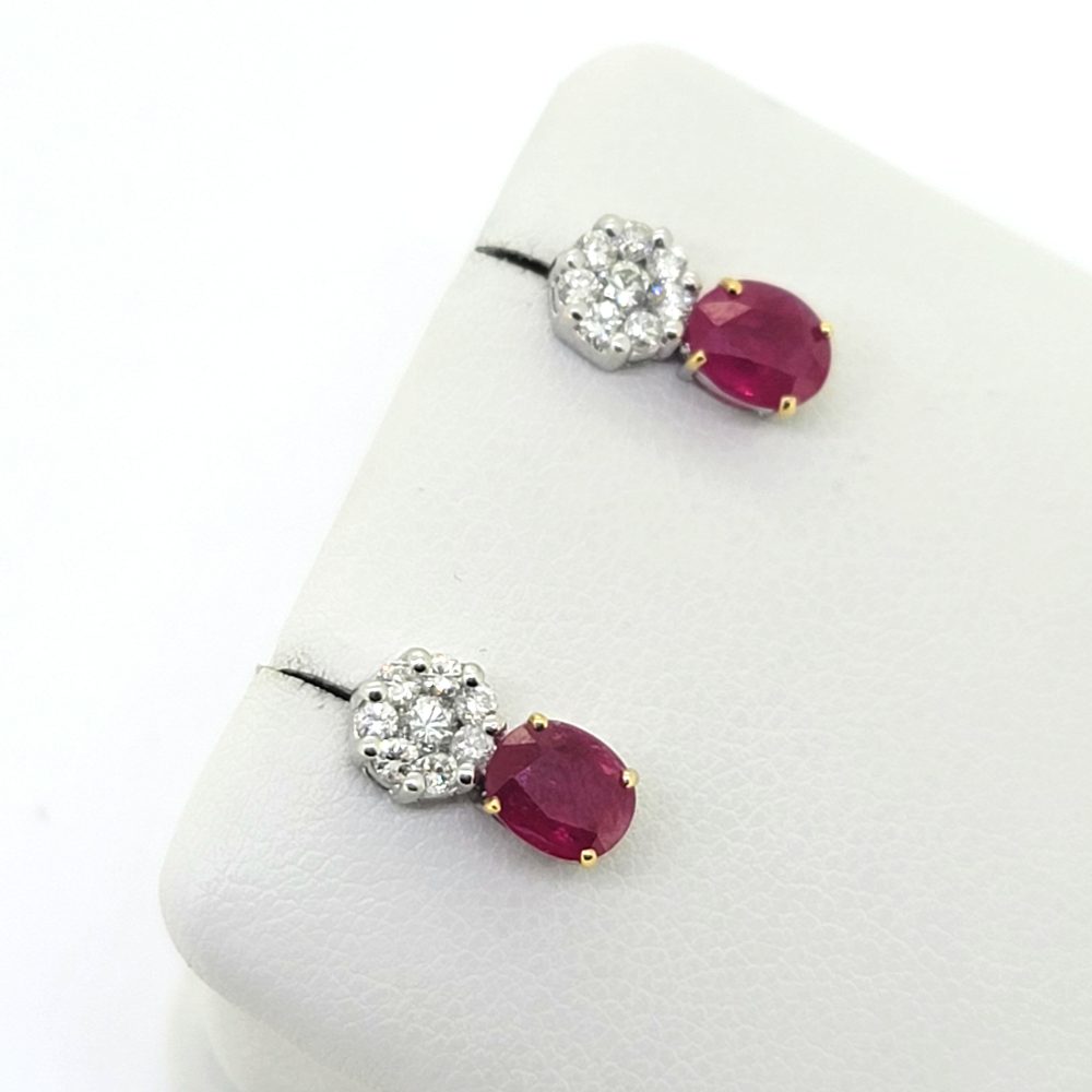 1.30ct Oval Ruby and Diamond Cluster Drop Earrings