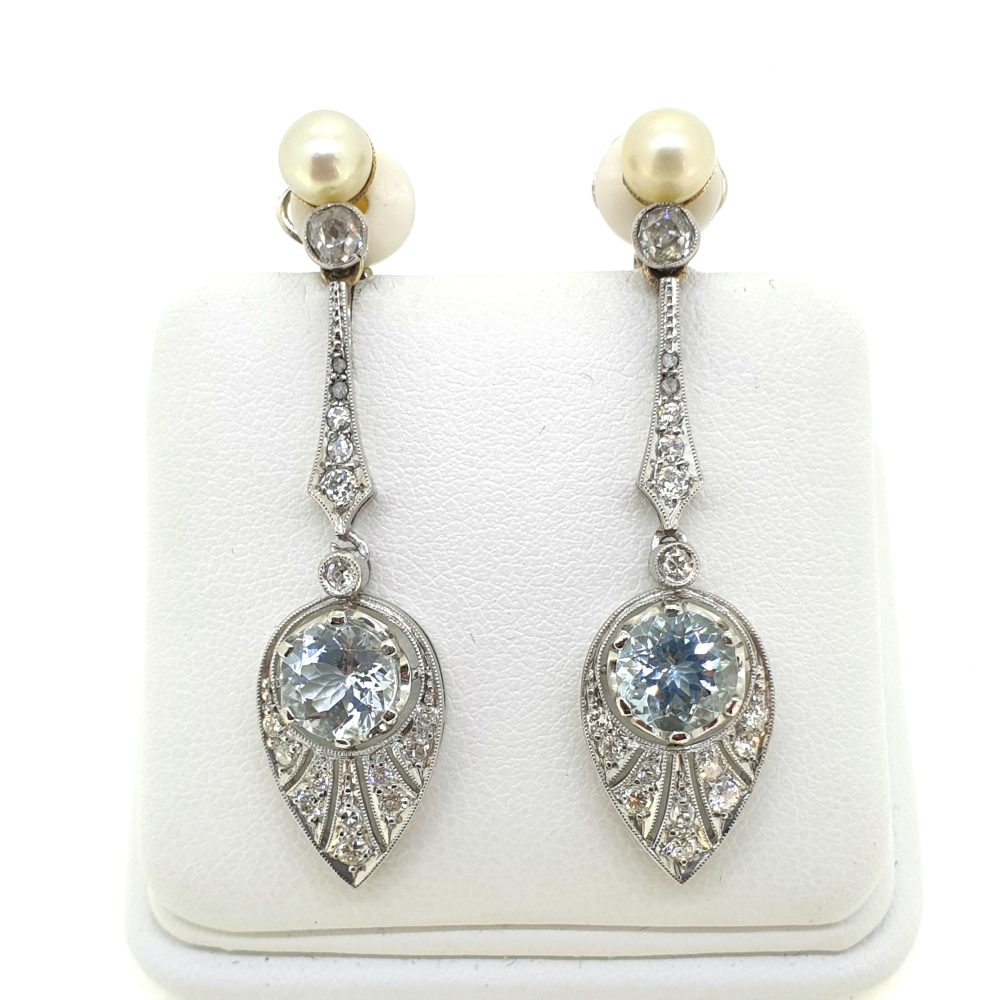 Art Deco Natural Pearl Aquamarine and Diamond Drop Earrings