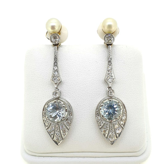 Art Deco Natural Pearl Aquamarine and Diamond Drop Earrings