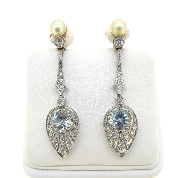 Art Deco Natural Pearl Aquamarine and Diamond Drop Earrings