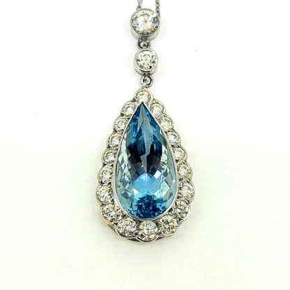 8ct Pear Cut Aquamarine and 2ct Diamond Cluster Pendant in Platinum