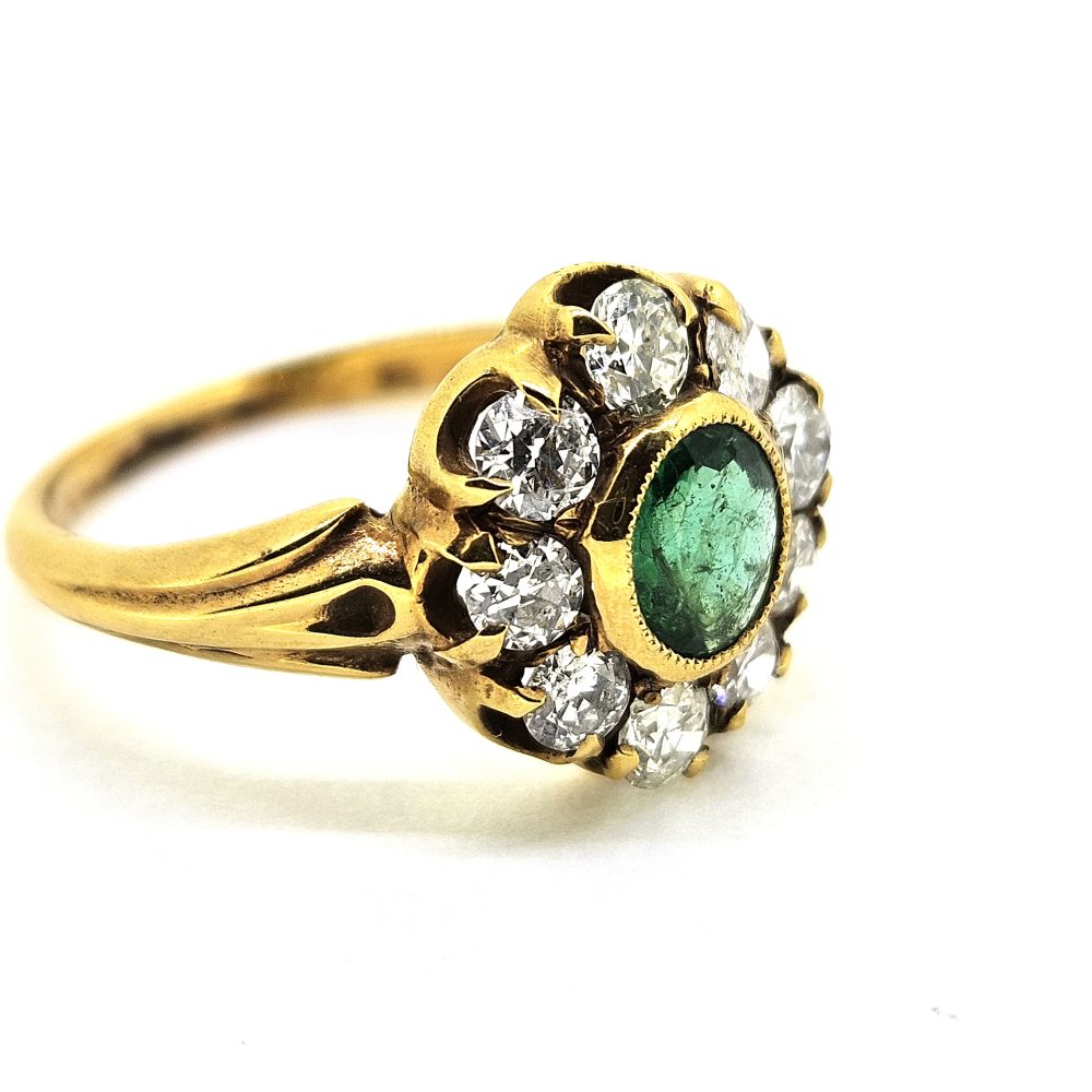 Antique Style Emerald and Diamond Flower Cluster Ring in Yellow Gold