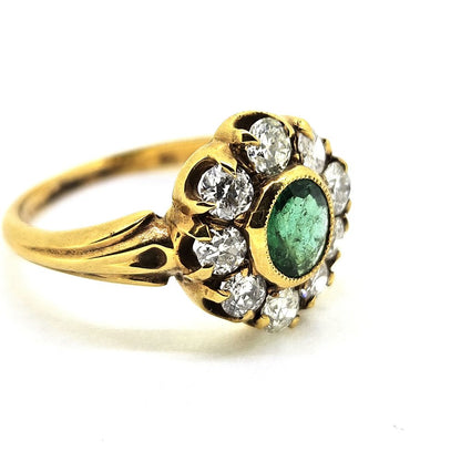 Antique Style Emerald and Diamond Flower Cluster Ring in Yellow Gold