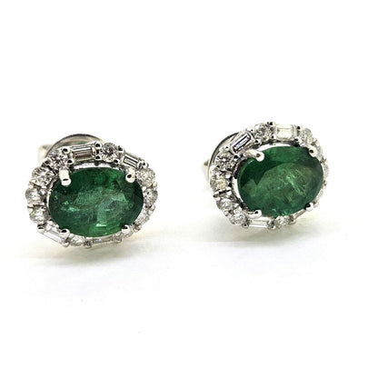 2.44ct Oval Emerald Stud Earrings with Baguette and Brilliant Diamond Halos