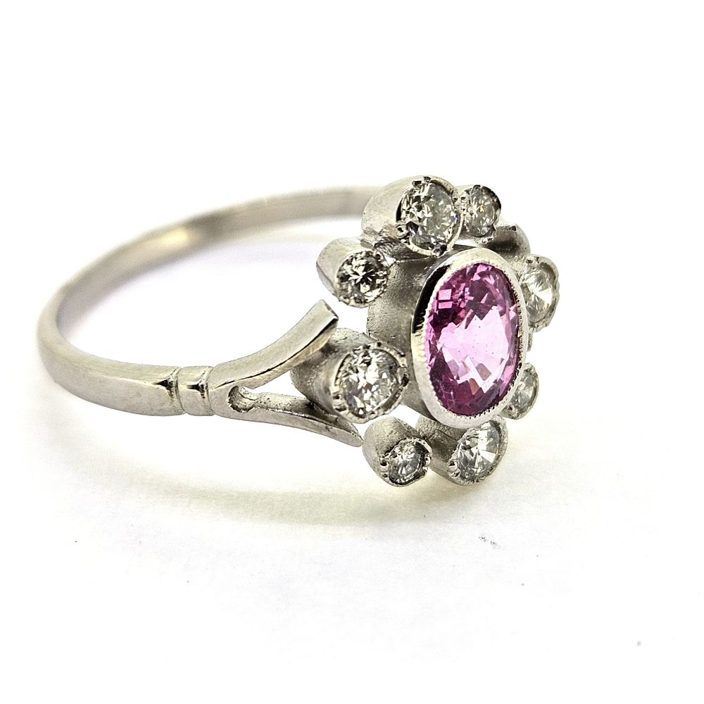 Contemporary 1ct Pink Sapphire and Diamond Flower Cluster Ring in Platinum