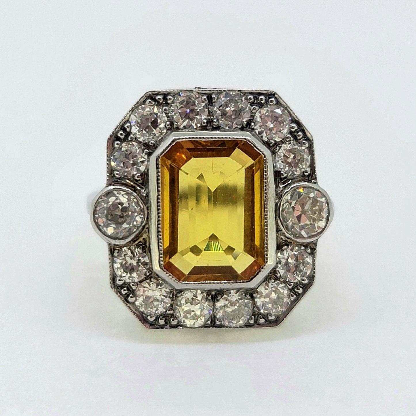 3.50ct Emerald Cut Yellow Sapphire and Diamond Cluster Ring in Platinum