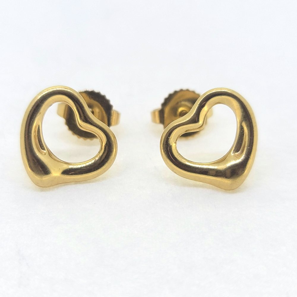 Preloved Tiffany and Co Elsa Peretti Open Heart Gold Stud Earrings, 18ct yellow gold open heart shaped studs by Elsa Peretti for Tiffany & Co