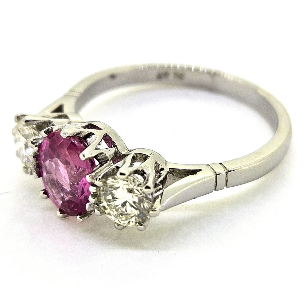 2ct Pink Sapphire and Diamond Three Stone Engagement Ring in Platinum