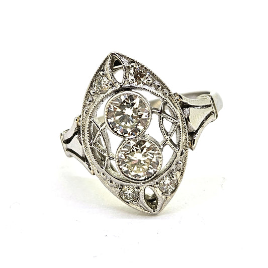 Art Deco Inspired Diamond Two Stone Navette Cluster Ring in Platinum