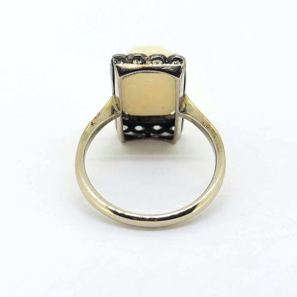 Art Deco Opal and Old Cut Diamond Plaque Ring