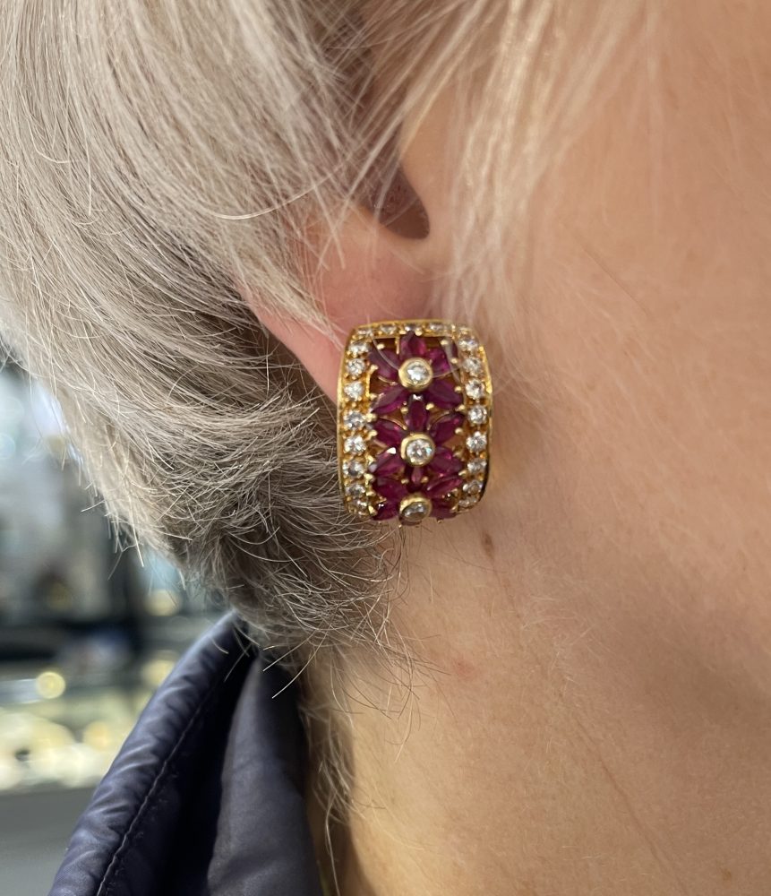 Vintage Ruby and Diamond Floral Creole Earrings in 18ct Yellow Gold