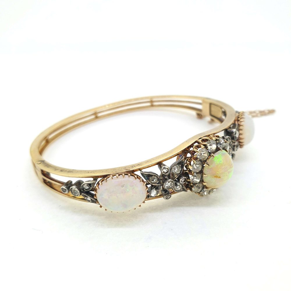 Antique Late Victorian Cabochon Opal and Diamond Bangle Bracelet