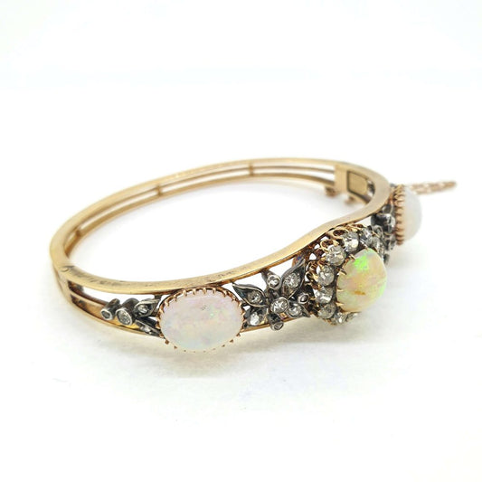 Antique Late Victorian Cabochon Opal and Diamond Bangle Bracelet