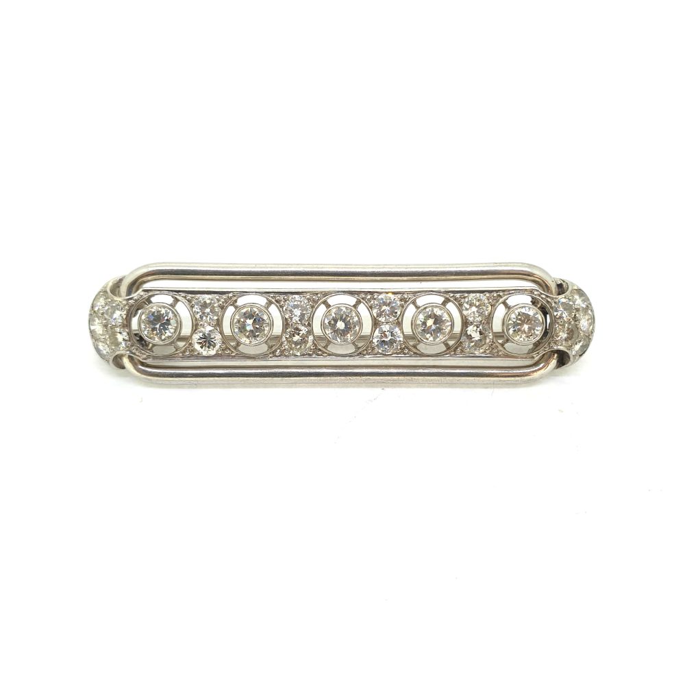 Vintage Diamond Set Bar Brooch in White Gold