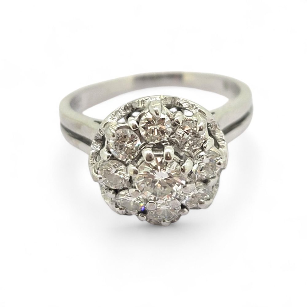 Vintage 1ct Diamond Cluster Engagement Ring in 18ct White Gold, Circa 1975
