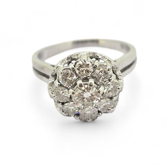 Vintage 1ct Diamond Cluster Engagement Ring in 18ct White Gold, Circa 1975