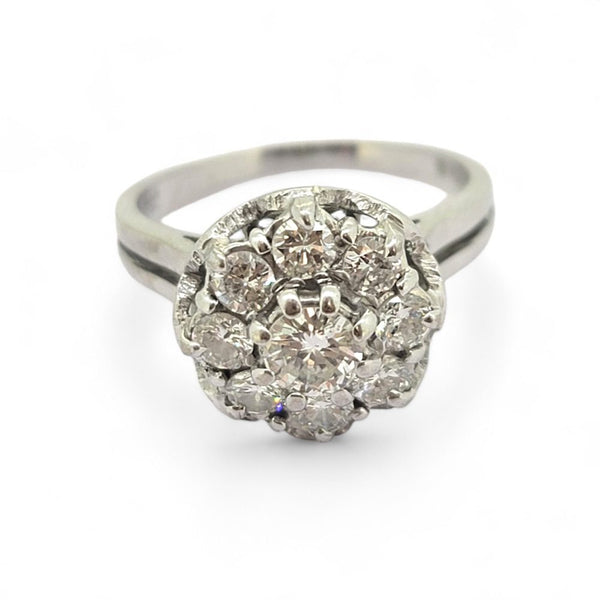 Vintage 1ct Diamond Cluster Engagement Ring in 18ct White Gold, Circa 1975