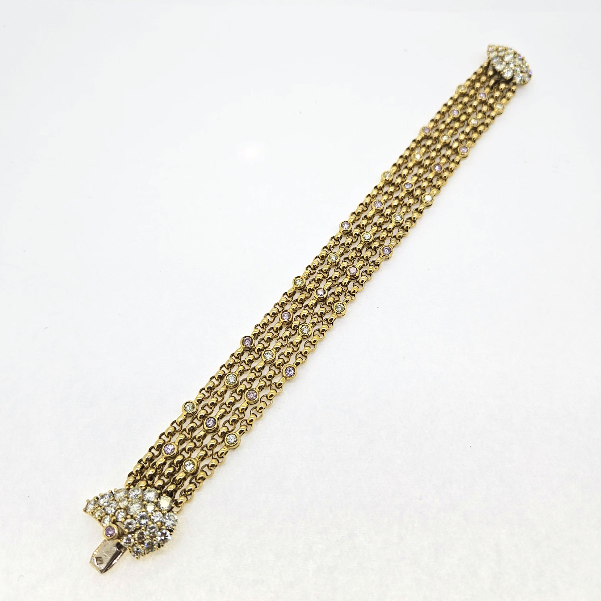 Vintage 7.50ct Pink White and Yellow Diamond Set Gold Bracelet with Diamond Heart Clasp
